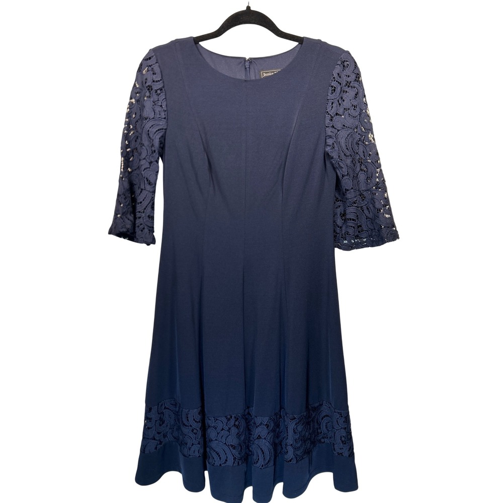 Jessica Howard Women's Navy Blue Lace Trimmed‎ Fit and Flare Dress